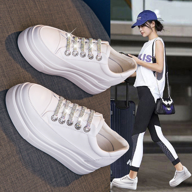Genuine Leather Platform Versatile Casual Breathable White Muffin Height Increasing Insole Women's Board Shoes - Chic Angle
