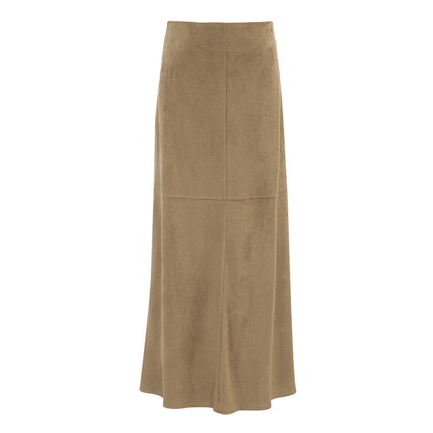 Suede Skirt Women's Elegant Khaki French High Waist Slimming And Straight Long Skirt