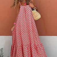 European And American Bohemian Vacation Style Wooden Ear Girl Print V-neck Brace Loose Long Dress
