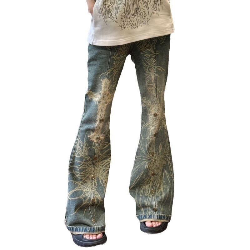 Women's Plus Size Washed Old Tattoo Slightly Flared Jeans