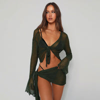 Strap Long-sleeved Wrap Top And Skirt