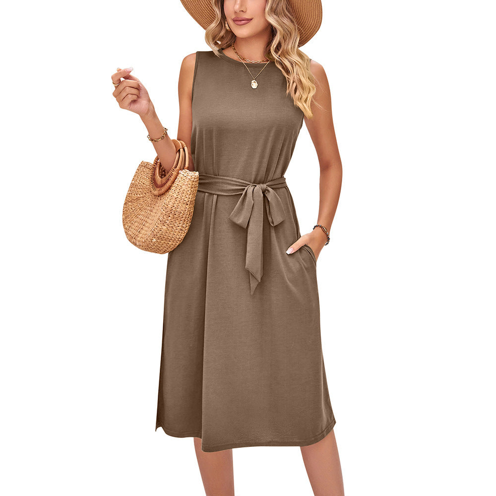 Summer Casual Sleeveless Vest Belt Midi Dress