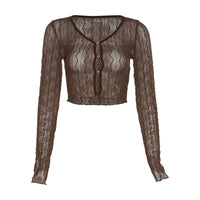 Women's Pure Color Mesh Cardigan Long Sleeve Short T-shirt - Chic Angle