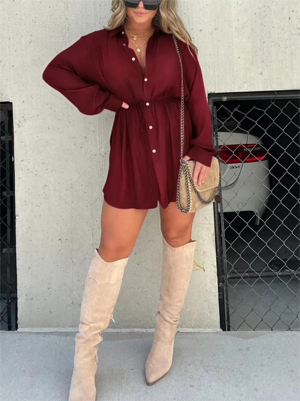 Women's Long Sleeve Jumpsuit With Button Fashion Shirt Dress - Chic Angle