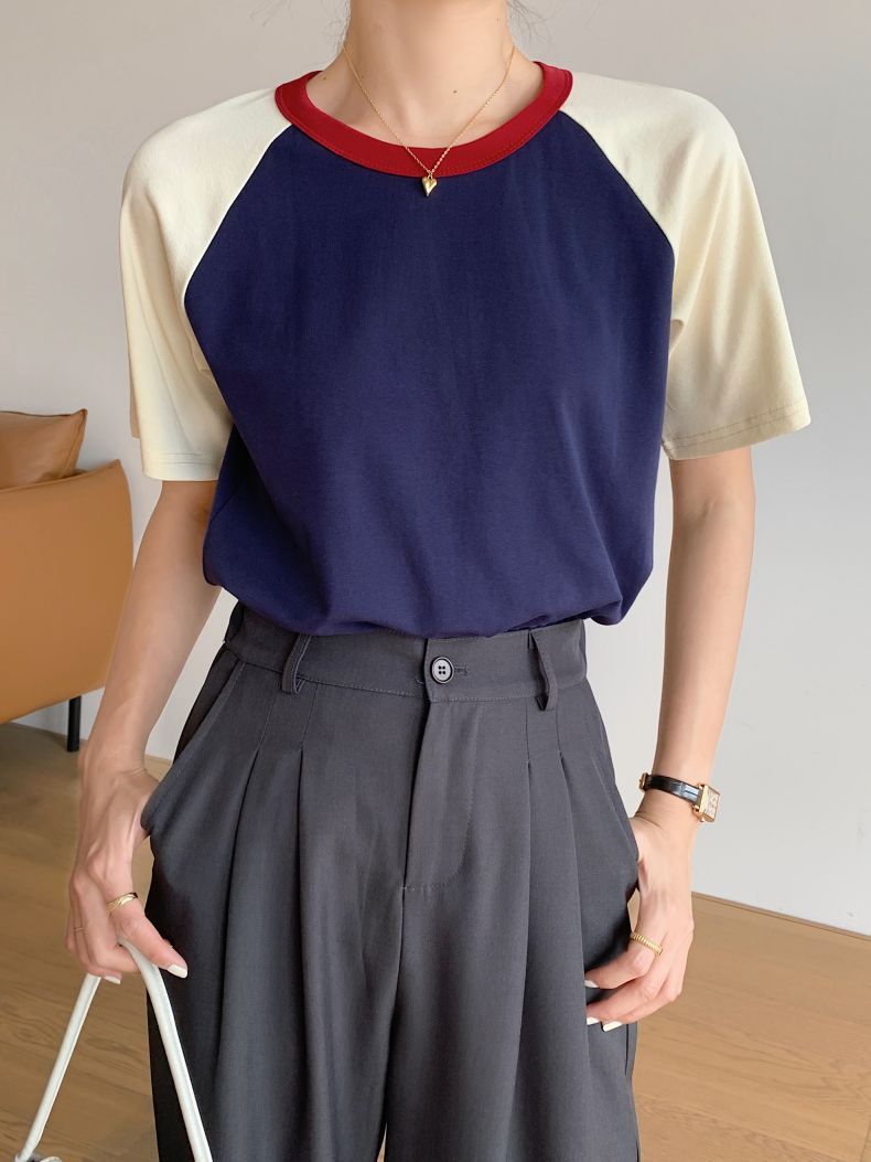 Retro Patchwork Contrast Color Round Neck Short Sleeve