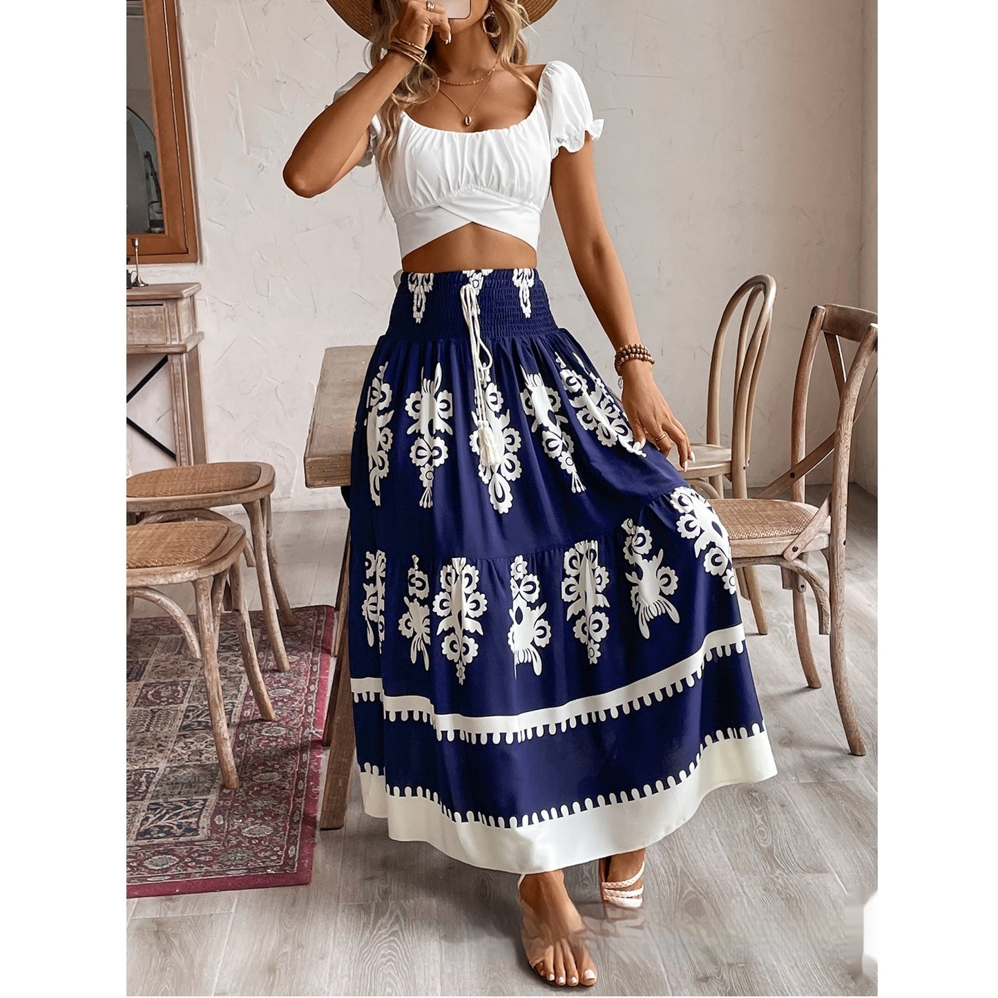 Leisure Commute All-match Ethnic Style Positioning Printed Waist Smocking Skirt