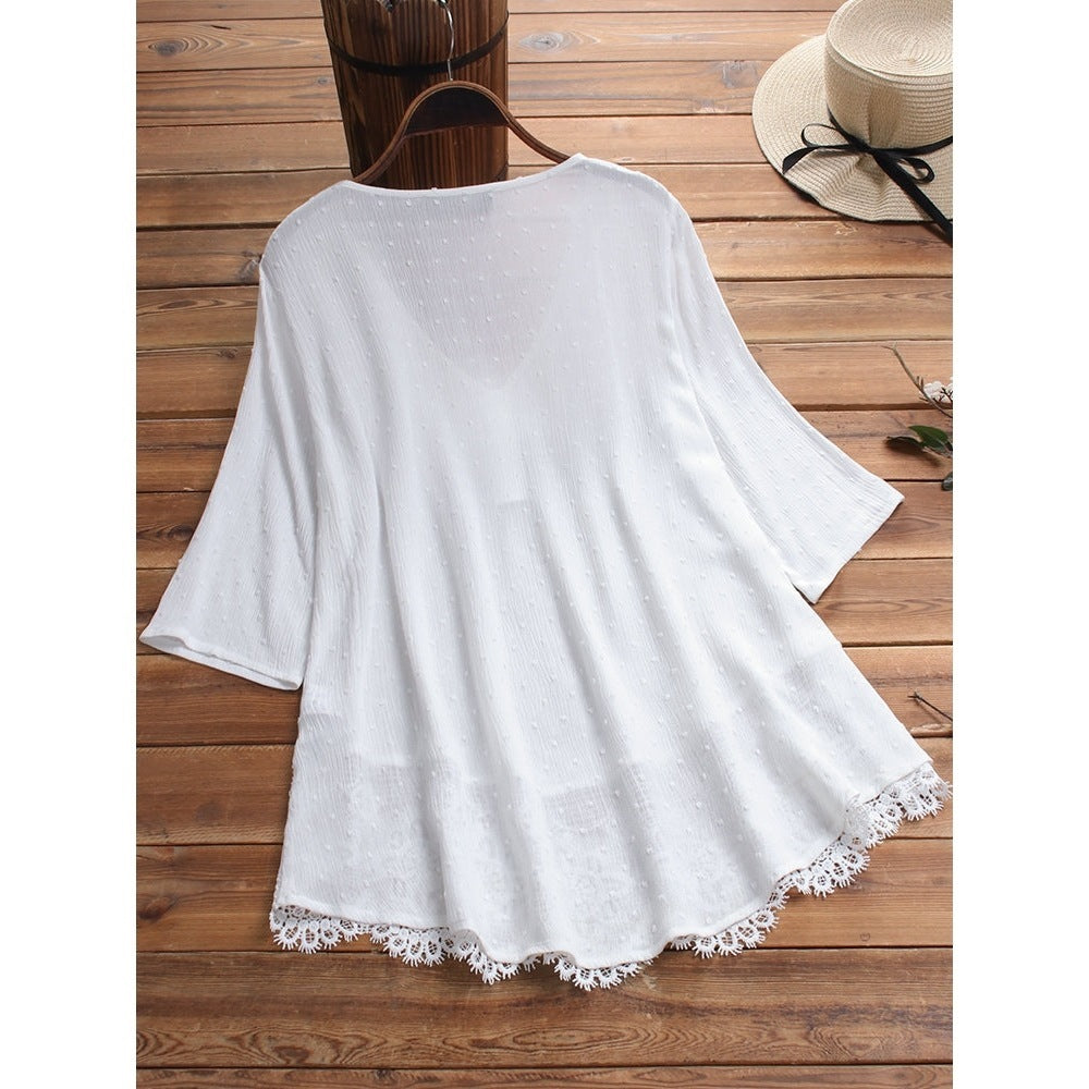 Women's Jacquard Pleated Lace Hollow Out V-neck Shirt - Chic Angle