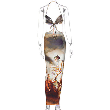 Halterneck Camisole Waist Cutout Print Maxi Dress