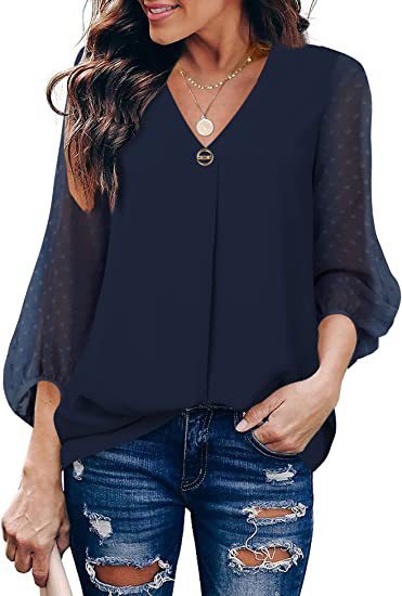 Women's Puff Sleeve V-neck Long Sleeve Shirt - Chic Angle