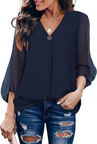 Women's Puff Sleeve V-neck Long Sleeve Shirt - Chic Angle