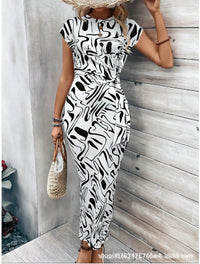 Waist Strap Striped Round Neck Short Sleeve And Long Pattern Dress