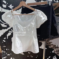 New French Style High Waist Ruffles U-Collar Cotton Top