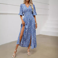 V-neck Lantern Sleeve Waist-tight Dress Seaside Vacation Bohemian Style