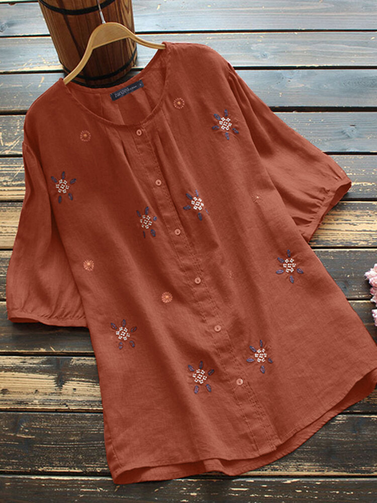 European And American Embroidered Crew Neck Button Short Sleeve - Chic Angle