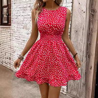 Women's Fashion Round Neck Sleeveless Waist Trimming Printing Dress