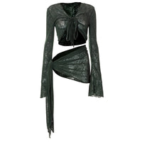 Strap Long-sleeved Wrap Top And Skirt