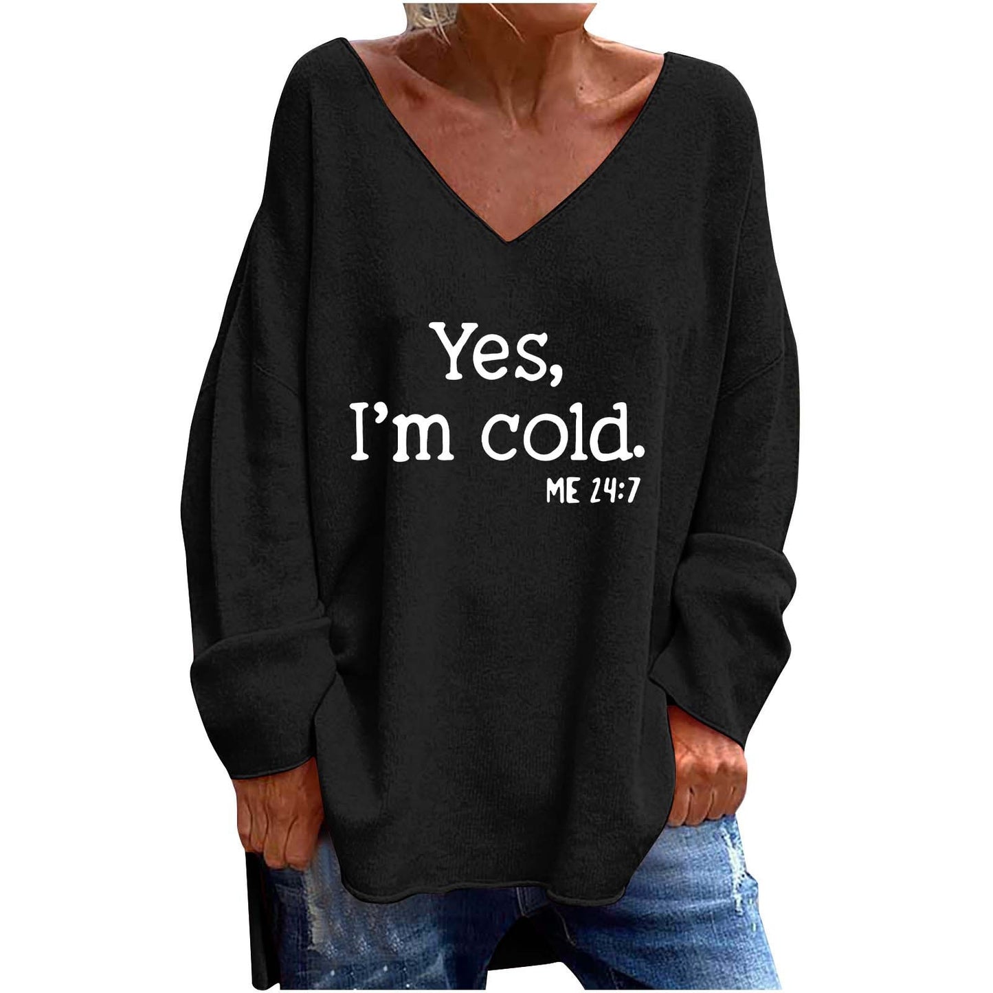 Women's Solid Color And V-neck Loose Casual Long Sleeves Top