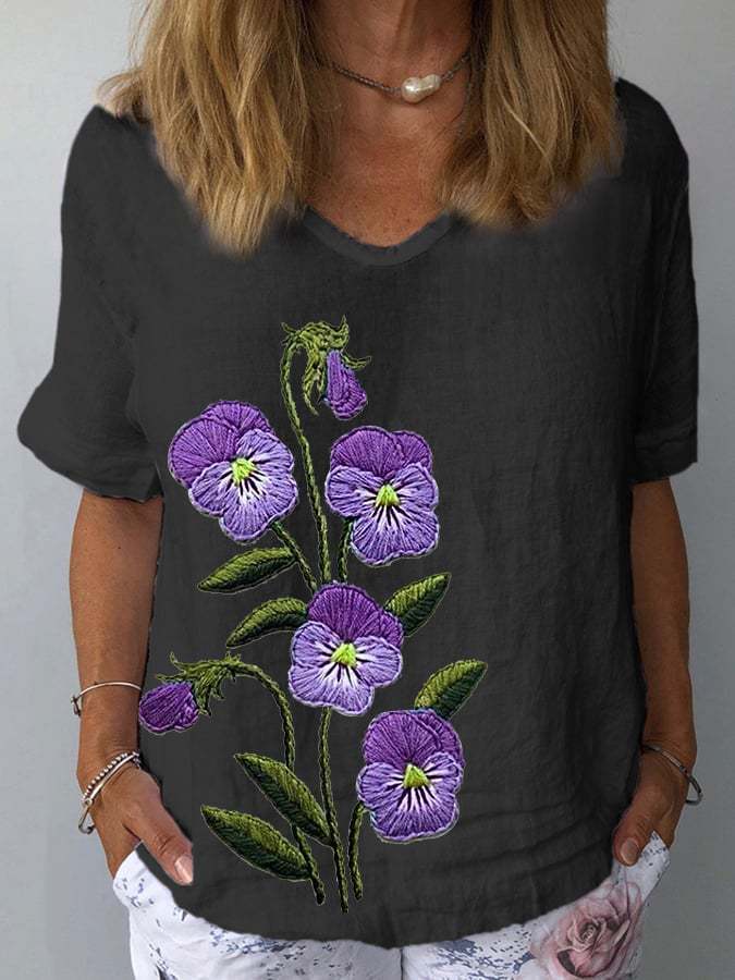3d Printed V-neck Loose Women's T-shirt Short Sleeve - Chic Angle