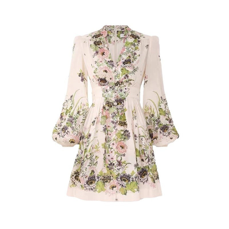 Australian Design Lantern Sleeve Cotton And Linen Temperament Waist-controlled Single-breasted Skirt Vacation Style