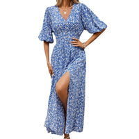 V-neck Lantern Sleeve Waist-tight Dress Seaside Vacation Bohemian Style