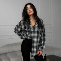 Fashion Stick-on Crystals Loose Plaid Shirt Retro Black And White Plaid Shirt