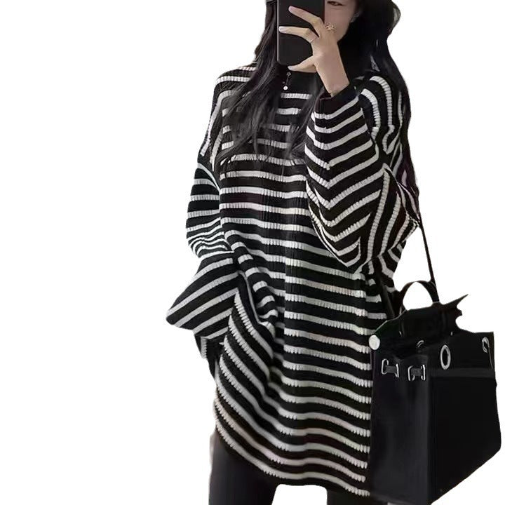Casual Striped Round Neck Lazy Pullover Loose Retro Simple