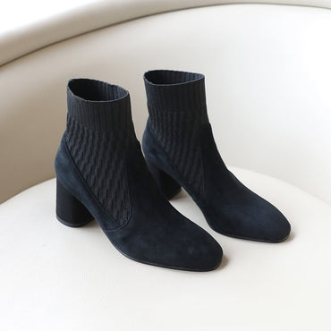 Apricot Stitching Knitted Sock Chunky Heel Ankle Boots