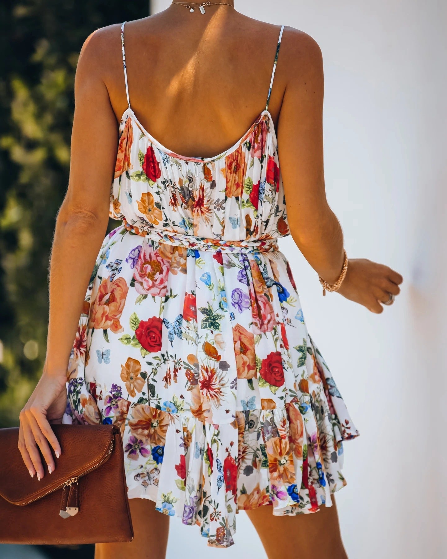 Summer Vacation Botanical Floral Print Belted Polyester Dress