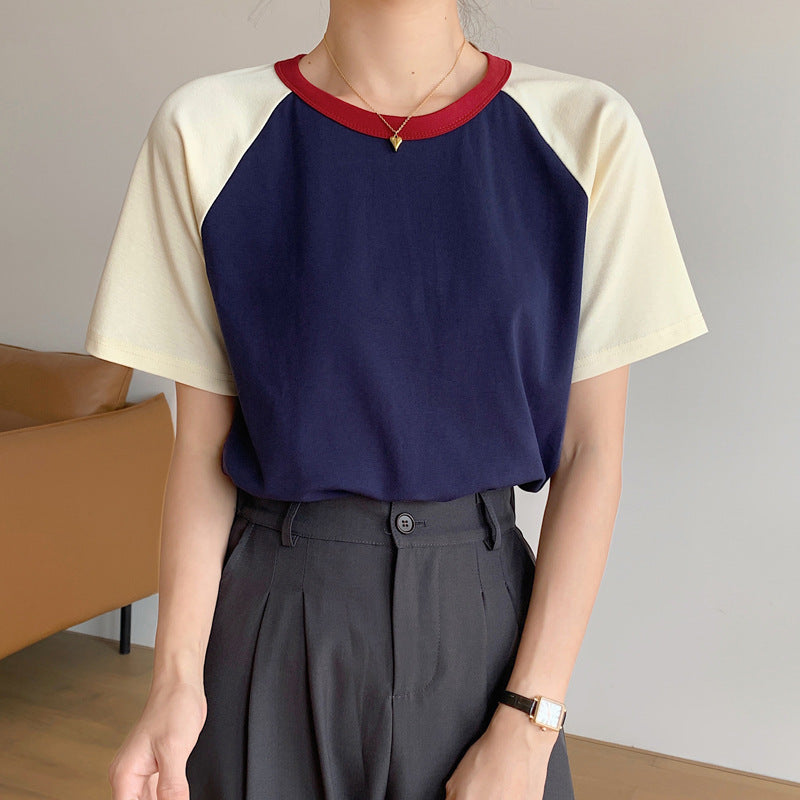 Retro Patchwork Contrast Color Round Neck Short Sleeve