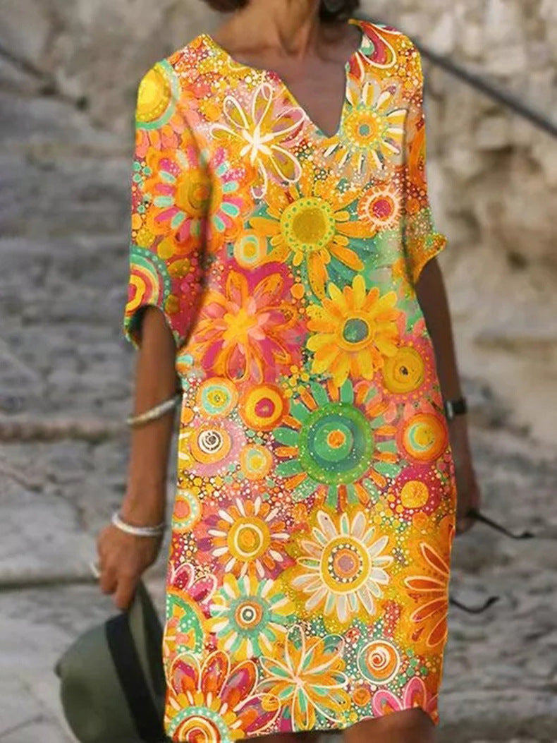 Printed V Neck Half Sleeve Multicolor Midi Dress