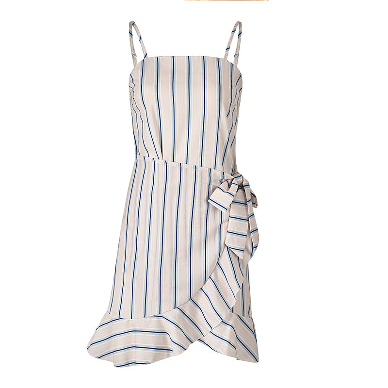 USA SIZE Leaf Print Sling Chiffon Dress Sexy Beach Seaside Vacation Irregular Skirt