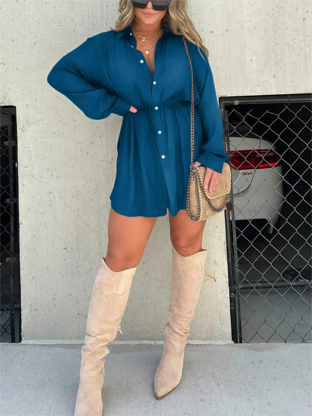 Women's Long Sleeve Jumpsuit With Button Fashion Shirt Dress - Chic Angle