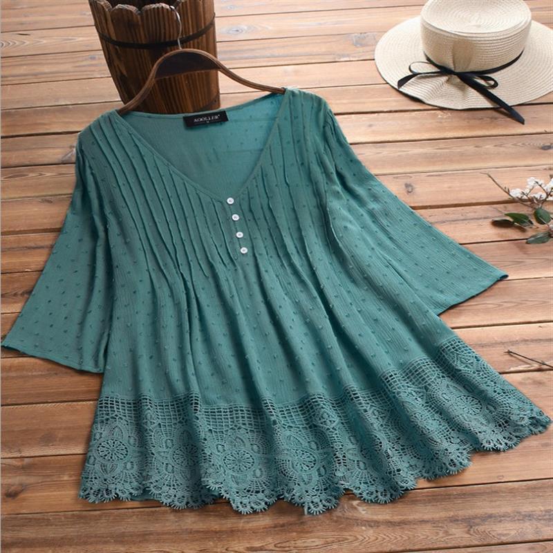 Women's Jacquard Pleated Lace Hollow Out V-neck Shirt - Chic Angle