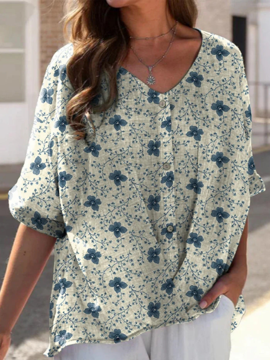 Printed V-neck 5 Points Drop-shoulder Sleeve Cotton And Linen Loose Casual Shirt