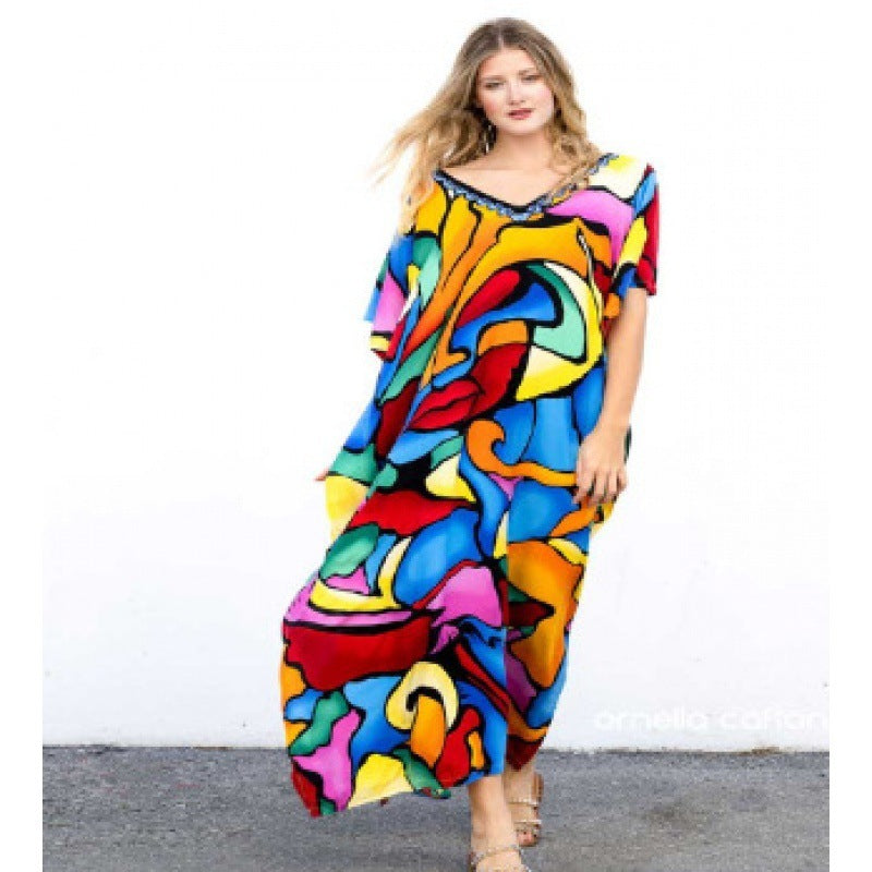 Rayon Printed Blooming Loose Vacation Robe Beach Dress Bikini Sun Protection Shirt