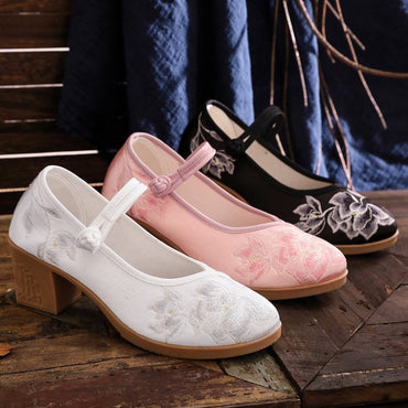 Shallow Mouth Plain Color Matching Horse-face Skirt High Heel Embroidered Shoes