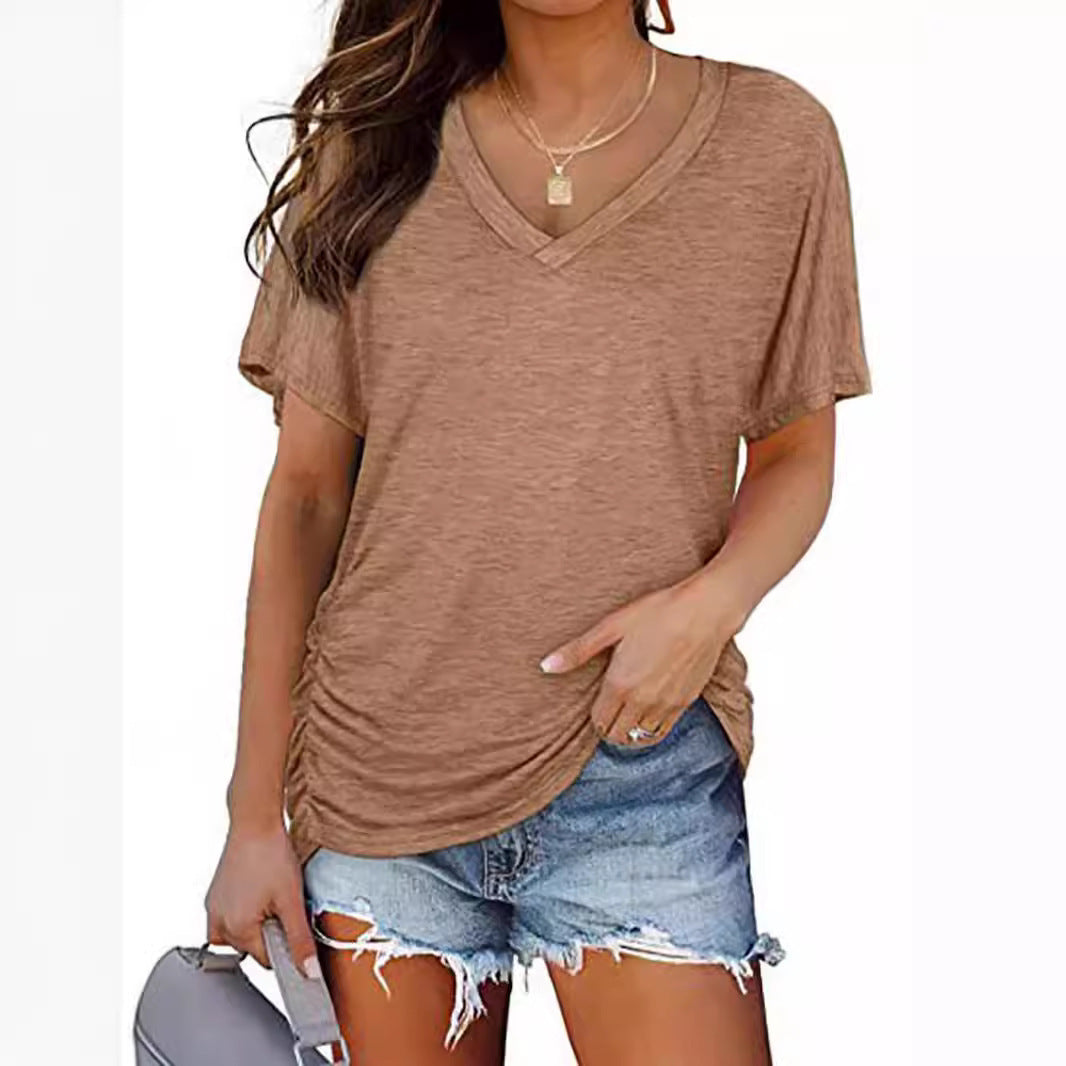 European And American T-shirt Solid Color Casual Loose-fitting V-neck Top - Chic Angle
