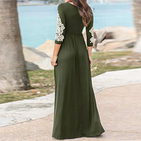 Round Neck Long Sleeve Lace Waist Maxi Dress