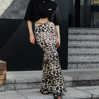 Leopard-print Sheath Fishtail Skirt Commuter High Waist Satin Mopping Dress