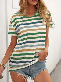 Women's Striped Fashionable Round Neck Short Sleeved T-shirt - Chic Angle