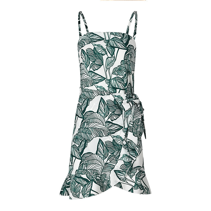 USA SIZE Leaf Print Sling Chiffon Dress Sexy Beach Seaside Vacation Irregular Skirt