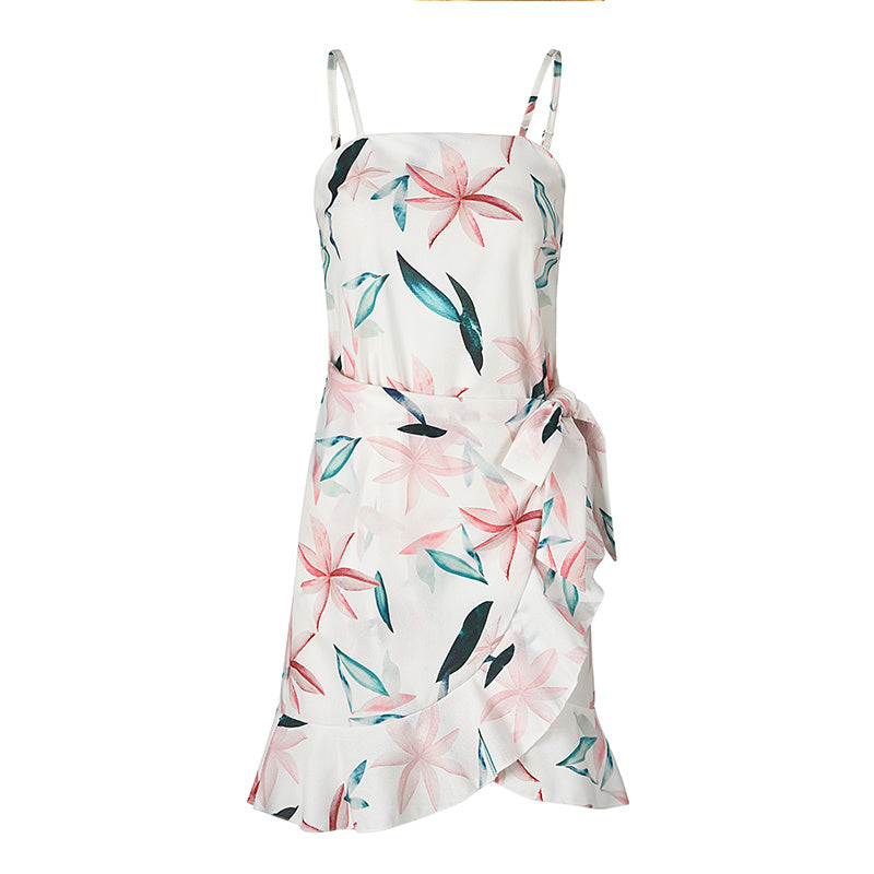 USA SIZE Leaf Print Sling Chiffon Dress Sexy Beach Seaside Vacation Irregular Skirt