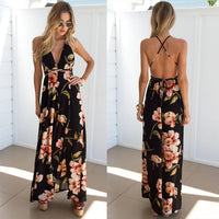 Sleeveless printed low-cut halter strap maxi skirt