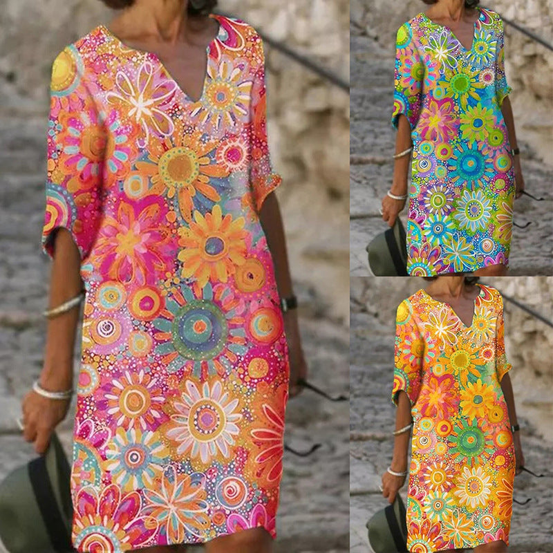 Printed V Neck Half Sleeve Multicolor Midi Dress