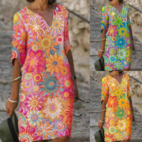 Printed V Neck Half Sleeve Multicolor Midi Dress