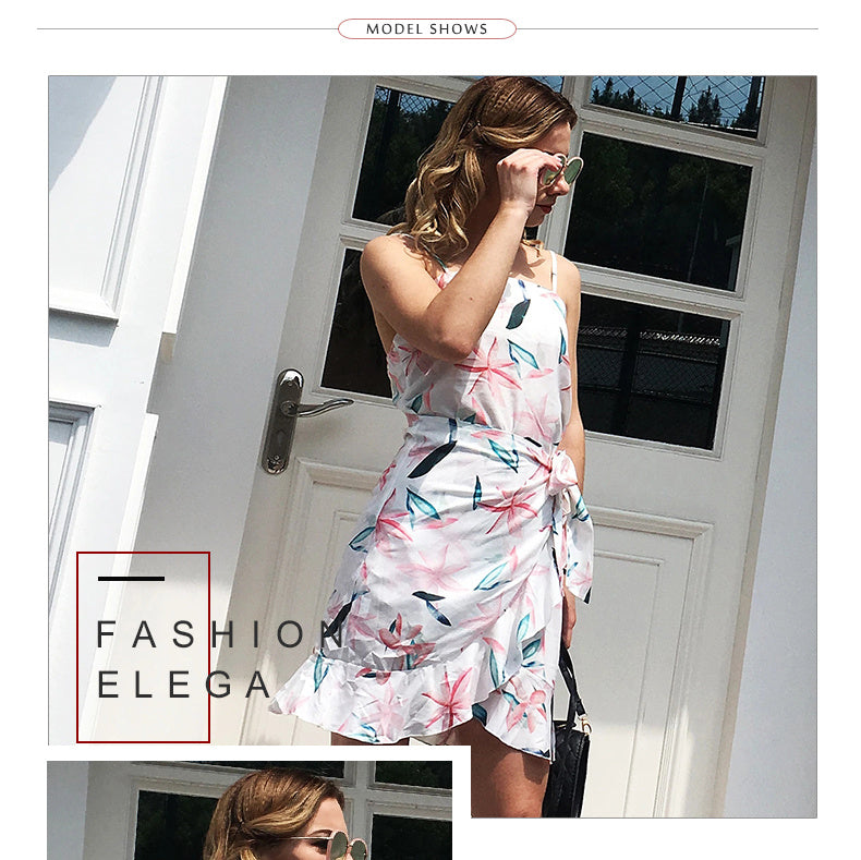 USA SIZE Leaf Print Sling Chiffon Dress Sexy Beach Seaside Vacation Irregular Skirt