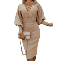 Pure Color High Waist Long Sleeve Knitted Dress