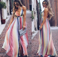 Rainbow Summer Maxi Dress Women Dress Colorful V-Neck Sleeveless Spaghetti Strap Backless Sexy Long Bohemian Elegant Dress L363
