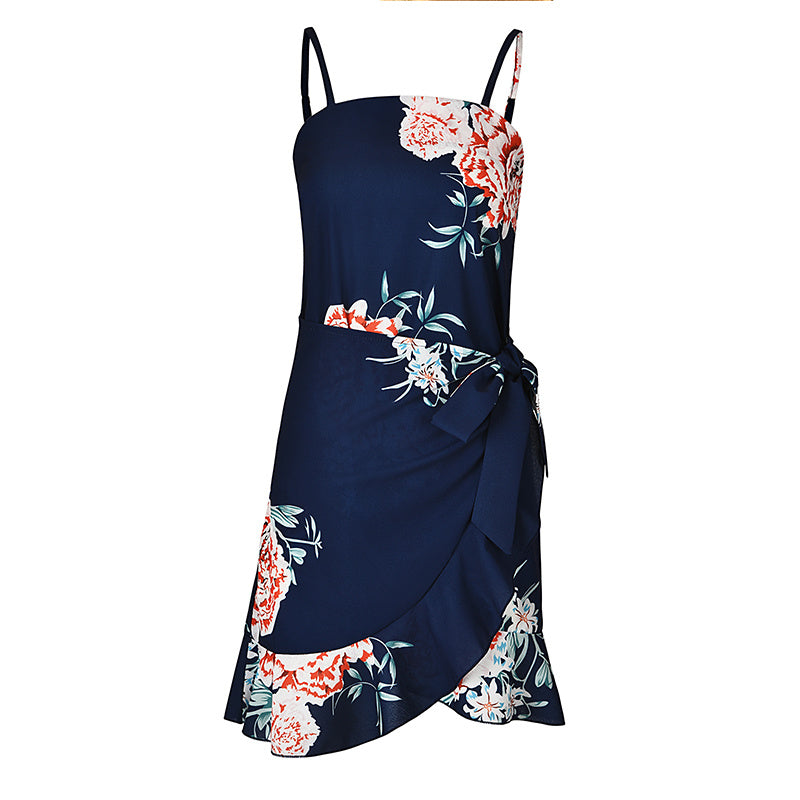 USA SIZE Leaf Print Sling Chiffon Dress Sexy Beach Seaside Vacation Irregular Skirt
