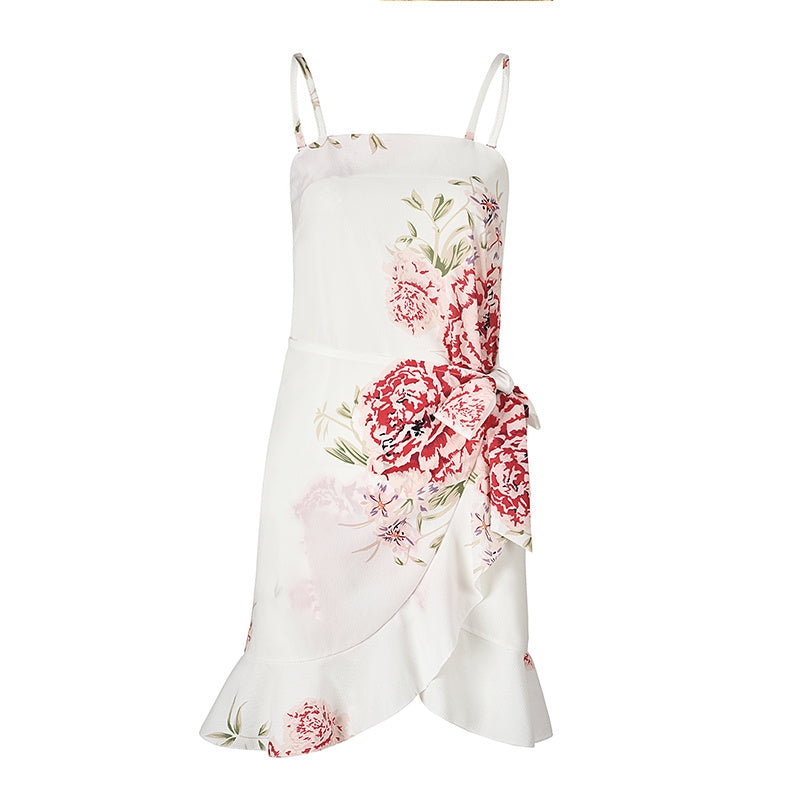 USA SIZE Leaf Print Sling Chiffon Dress Sexy Beach Seaside Vacation Irregular Skirt